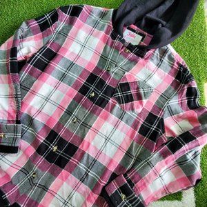 NWT: JUSTICE Pink Black Long Sleeve Button Hooded Waffle Trim Top, Small